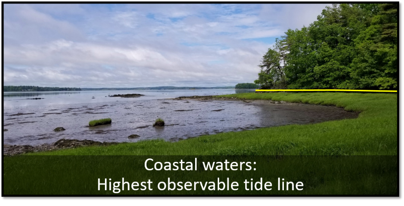 An example of the location of the reference line for coastal waters is indicated by the yellow line. 