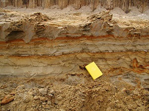 Exposure of unconsolidated sediment showing alternating tan and orange sand layers, or beds, in Concord, NH. Notebook for scale.