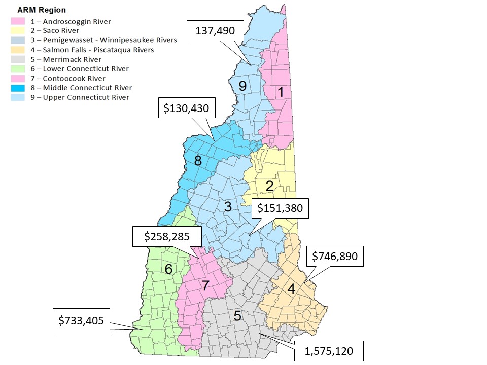 Map of New Hampshire that shows the ARM grant funds available in each watershed