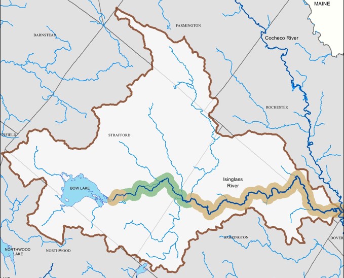 A map of the Isinglass River watershed highlighting designated segments of the river