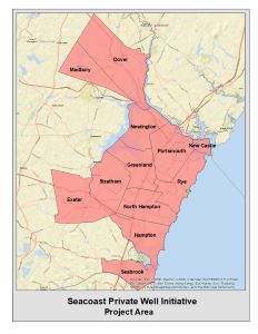 Map of New Hampshire coastal communities participating in the Seacoast Private Well Initiative: Dover, Madbury, Newington, Portsmouth, New Castle, Rye, North Hampton, Hampton, Seabrook, Exeter, Stratham, Greenland.