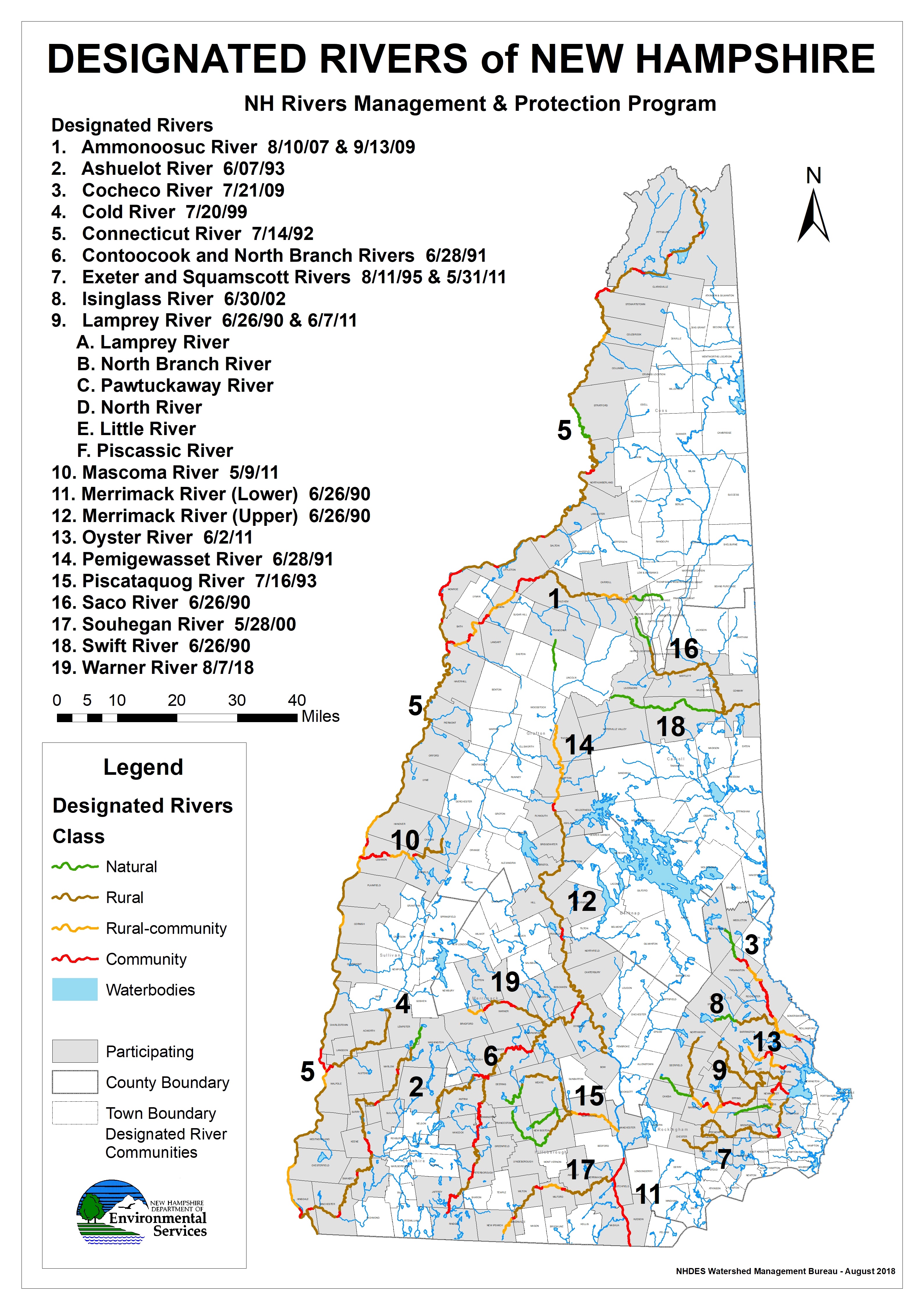 a map of the 19 designated rivers in New Hampshire – lists the dates, displays class and towns. 