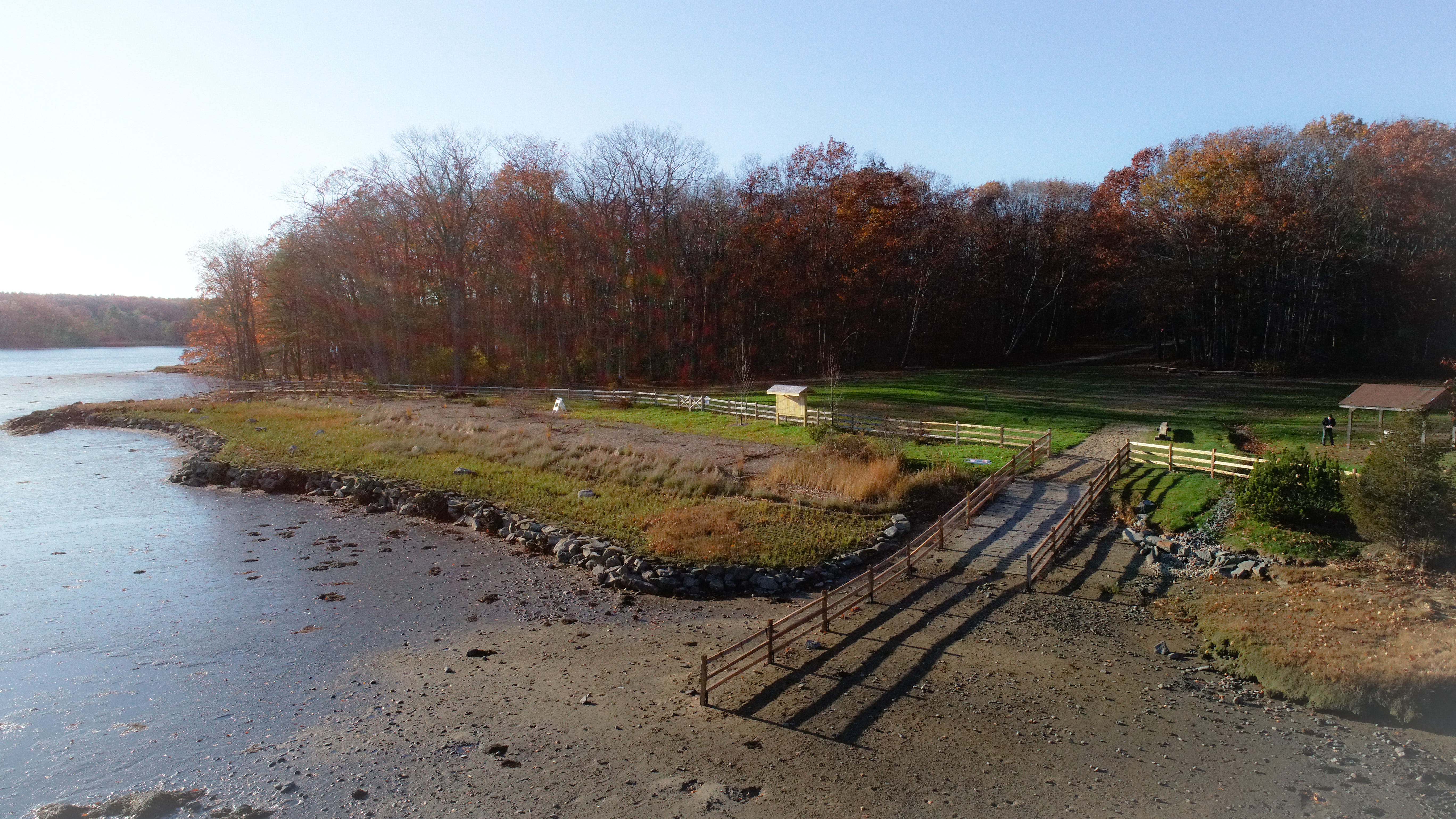 Aerial drone image of the Wagon Hill Farm living shoreline site completed.