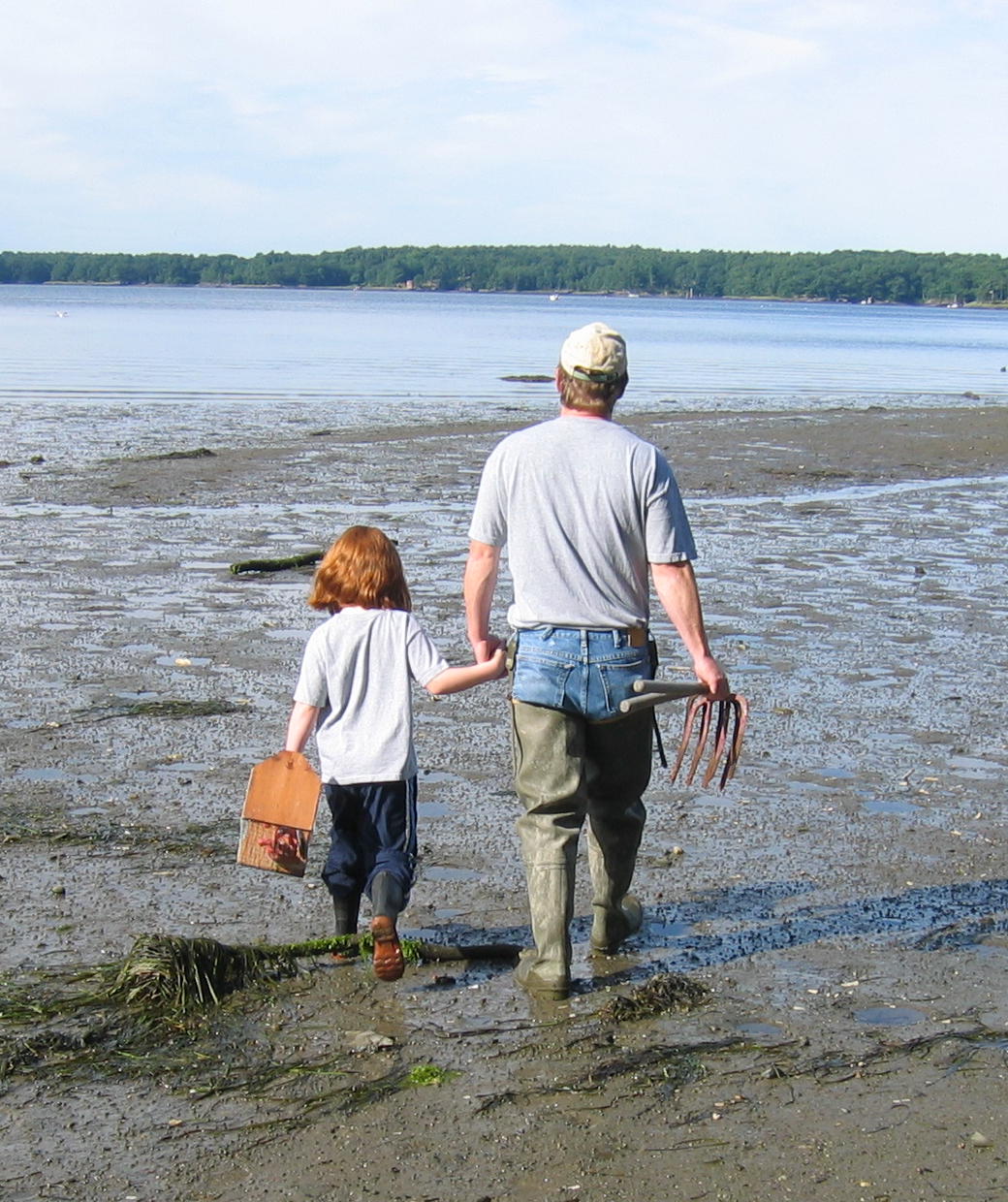 photo of father and daughter walking out on a clam flat