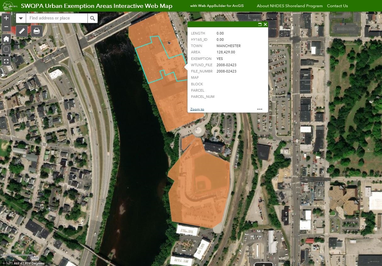 Snapshot of the Shoreland Water Quality Protection Act Urban Exemption Web Map, showing an exempted area highlighted on an aerial photograph. 