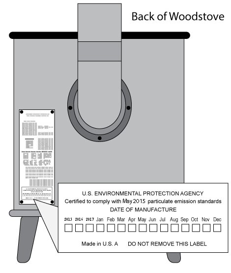 image of back of wood stove with affixed label with EPA emission standards