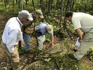 A group surveys a rocky outcropping.