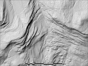 LiDAR Hillshade of bedrock exposure on a peak near Lyme, NH.