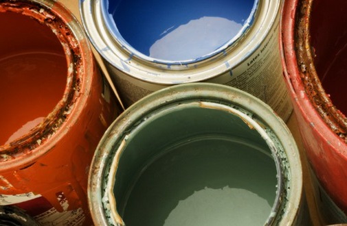 close-up of open paint cans