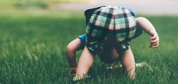 the bottom and legs of a young child as he bends his head toward the grass