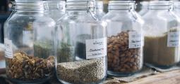 Glass jars with nuts and seeds