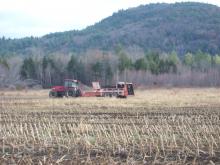 Red tractor spreading biosolids in cornfield.